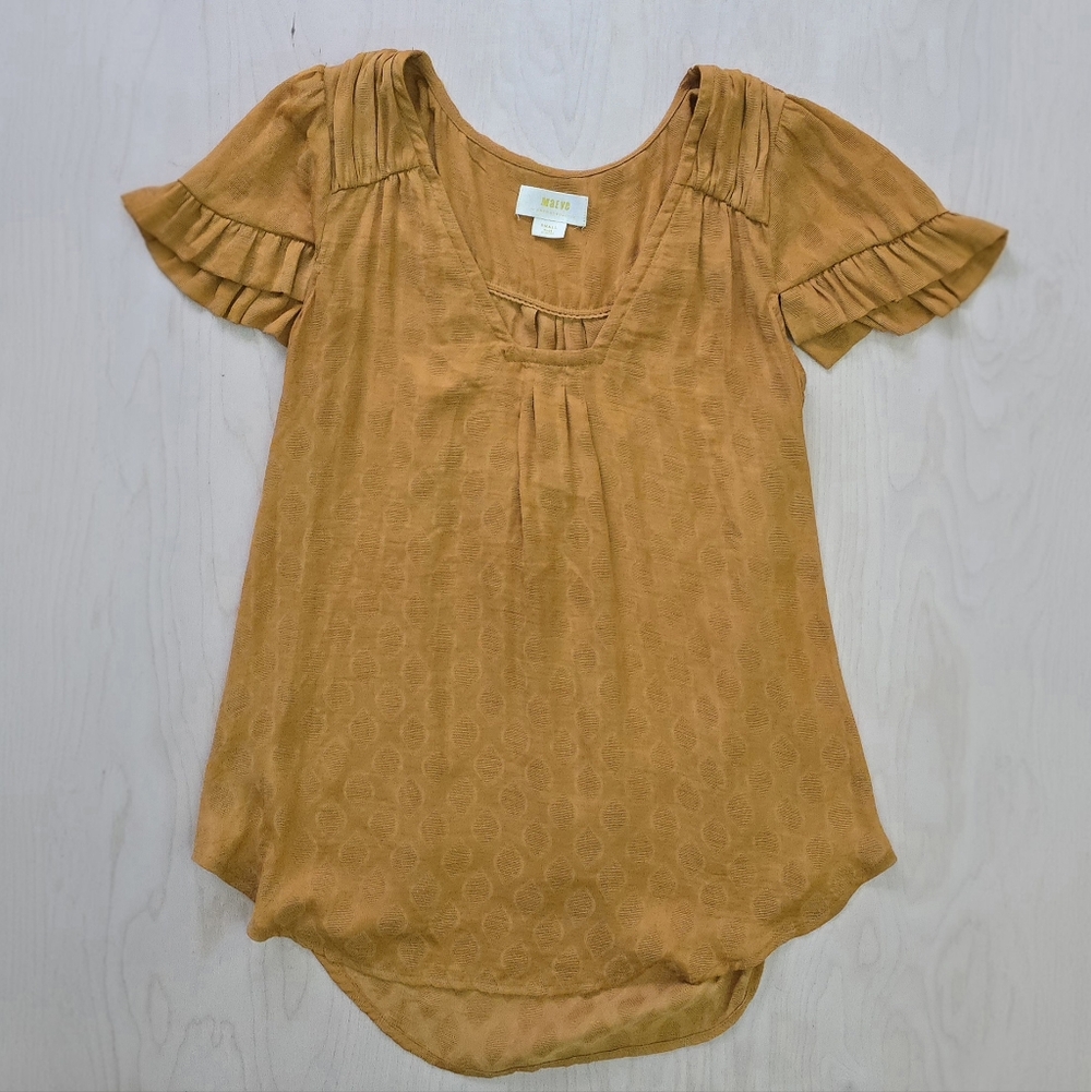 Maeve Gold Flutter-sleeve Patterned Top - Small